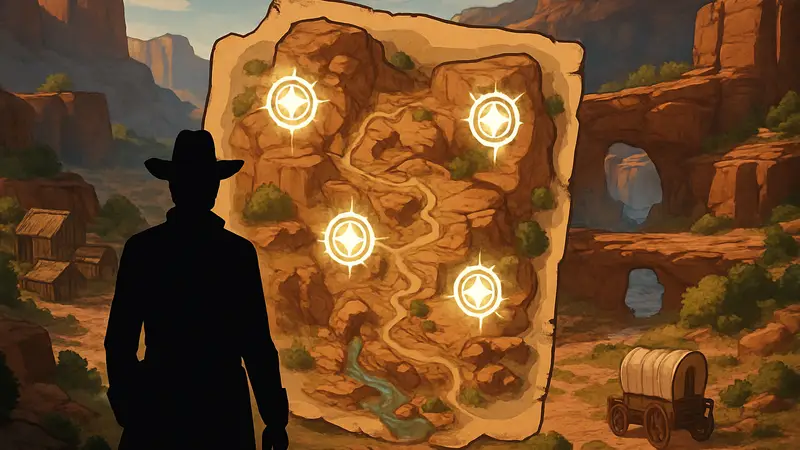 Игровая карта Каньон из Far Far West с отмеченными локациями медальонов