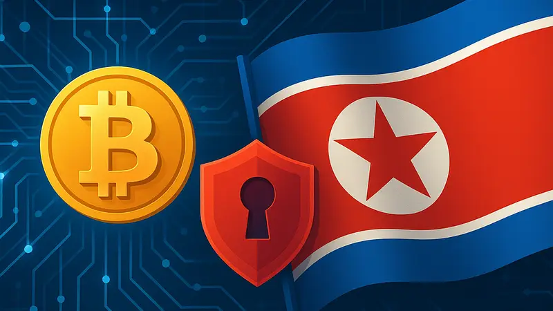 Компьютерные сети, символ криптовалюты и флаг Северной Кореи, кибербезопасность