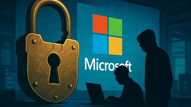 Изображение замка и логотипа Microsoft, символизирующее взлом системы и утечку паролей ИИ-разработчиков.