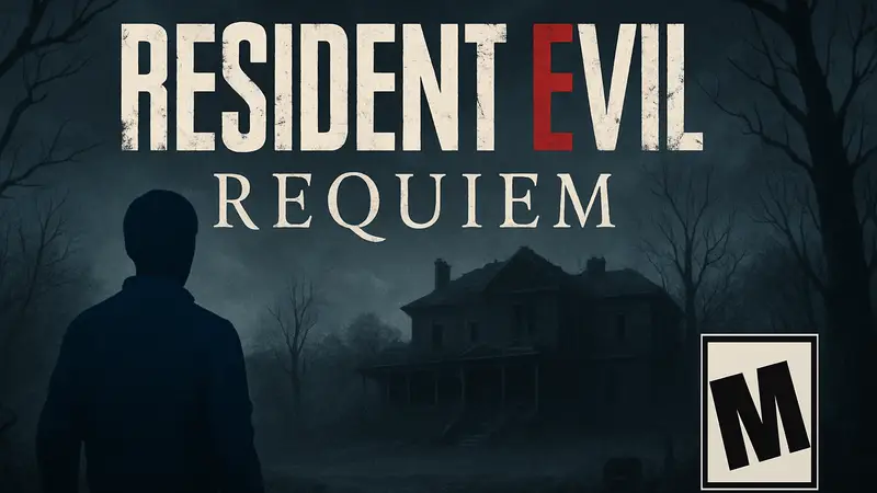 Логотип Resident Evil Requiem на темном фоне с символом ESRB