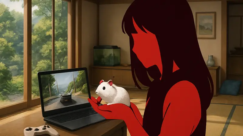 Игровой процесс Sweet Hamster Days, где хомяк находится на руках японской девушки