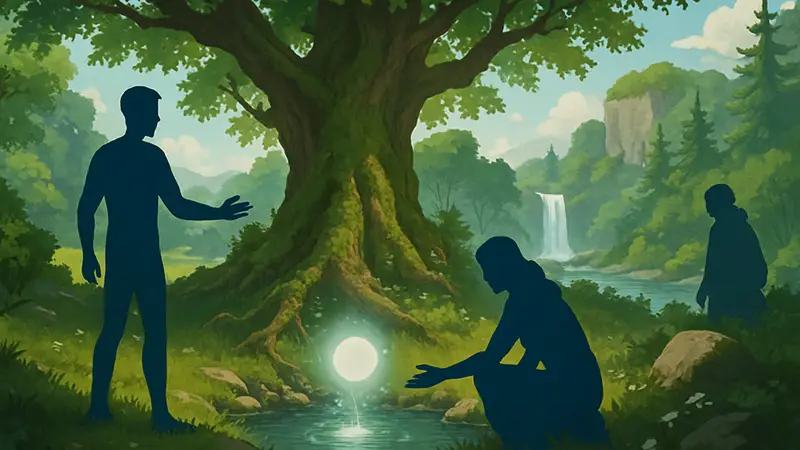Иллюстрация, символизирующая исцеление в видеоиграх, с элементами природы и персонажами.