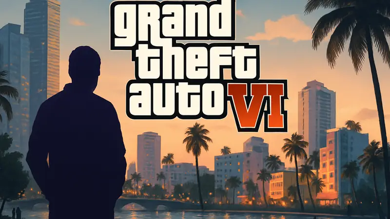 Логотип Grand Theft Auto 6 на фоне города Вайс-Сити