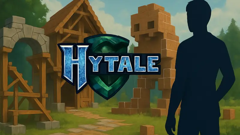 Логотип Hytale на фоне недоработанных игровых элементов, символизирующих «сырость» фичей.