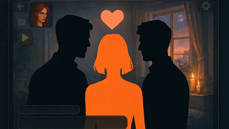 Три персонажа из игры Dispatch, символизирующие любовный треугольник, на фоне игрового интерфейса и романтики