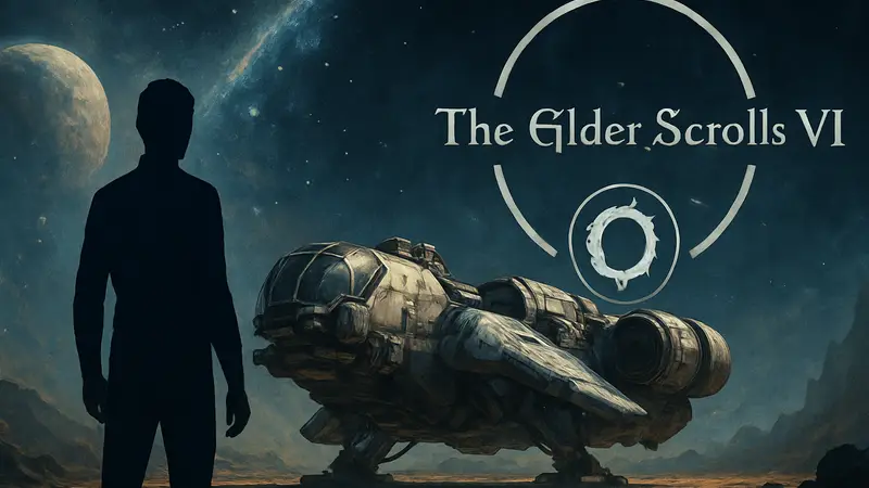 Арт Starfield с космическим кораблем и логотипом The Elder Scrolls 6 на заднем плане, символизирующий изменения.