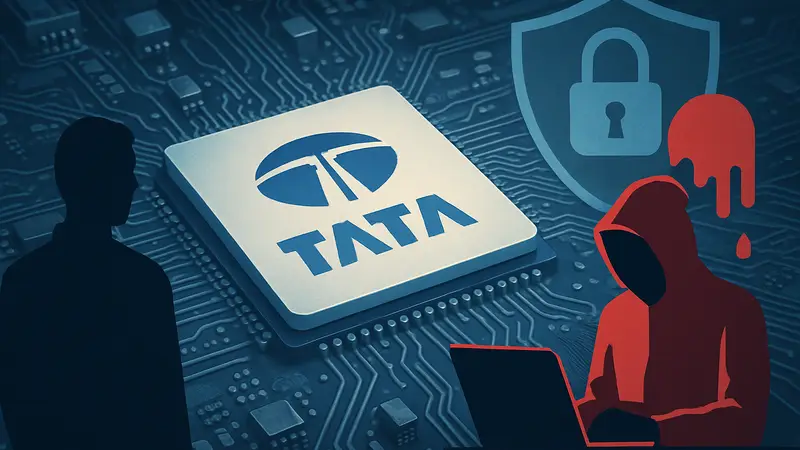 Логотип Tata Electronics на фоне микросхем, символизирующий кибербезопасность и утечку данных.