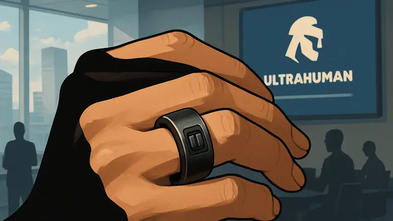 Умное кольцо Ultrahuman Ring Pro на пальце, демонстрирующее его дизайн и технологичность.