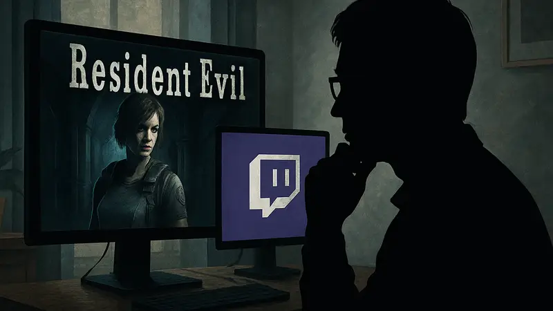 Синдзи Миками, задумчиво смотрящий на экран с игровым процессом Resident Evil или логотипом Twitch.
