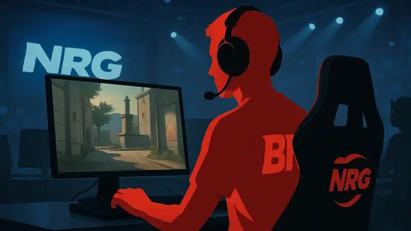 Игрок br0 из команды NRG в игре CS2, сидящий за компьютером на киберспортивном турнире.