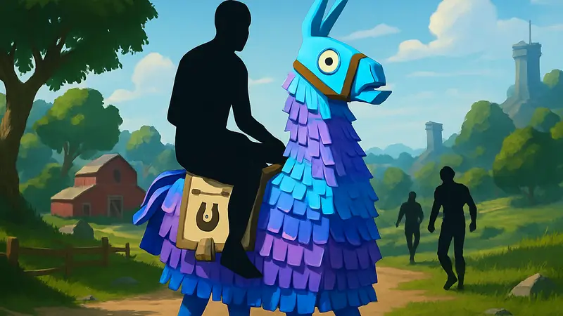 Лама из Fortnite, на которой нельзя кататься из-за бага, на фоне игрового поля