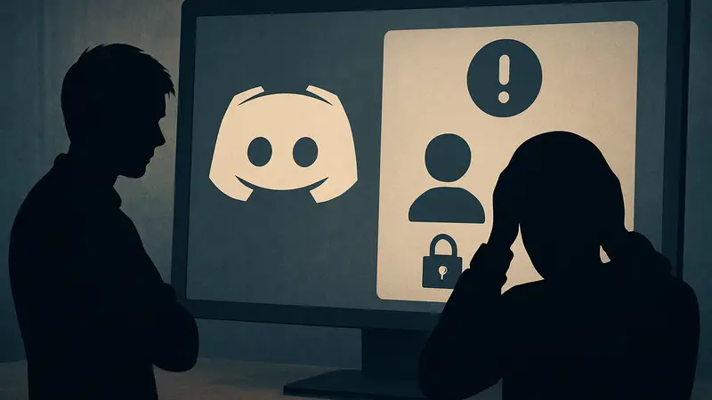 Логотип Discord на фоне экрана с предупреждением о верификации возраста