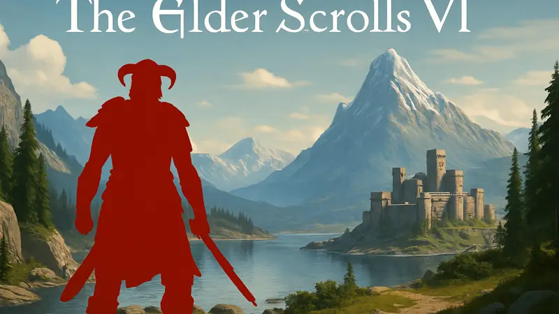 Логотип Elder Scrolls 6 и персонаж серии на фоне пейзажа фэнтези мира