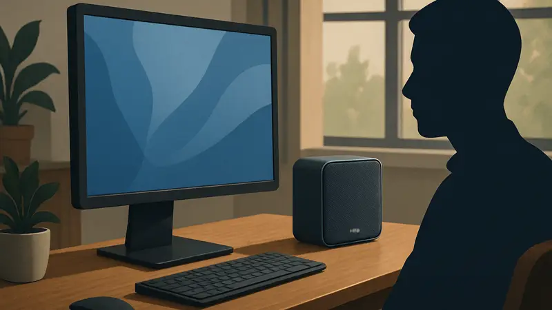 Беспроводная колонка WiiM Sound Lite на рабочем столе рядом с компьютером, подчеркивающая ее компактность и стильный дизайн.