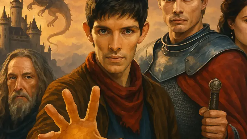Постер фэнтезийного сериала BBC «Мерлин» с главными героями.