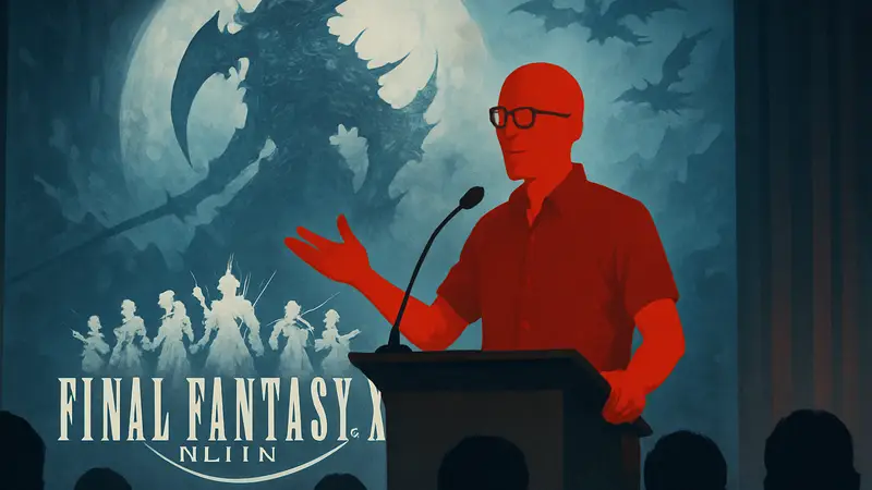 Коджи Фокс из Square Enix выступает на Fan Fest Final Fantasy 14 на фоне логотипа игры.