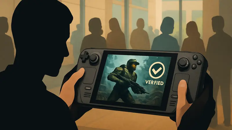 Игрок держит Steam Deck, на экране запущенная игра с надписью Verified, символизирующая проблему