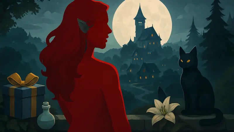 Персонаж Saga из игры Moonlight Peaks, окруженная любимыми подарками и местами.