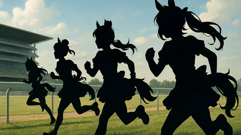 Косплееры Umamusume в костюмах девушек-лошадей бегут на ипподроме.