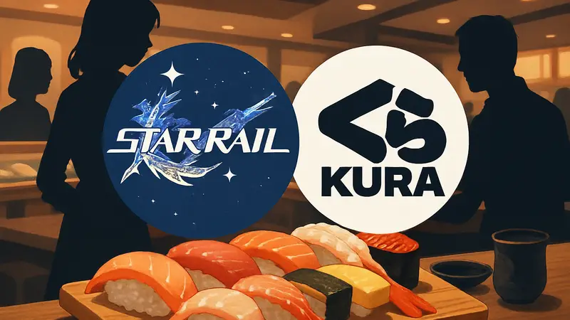 Логотип Honkai Star Rail и Kura Sushi на фоне суши