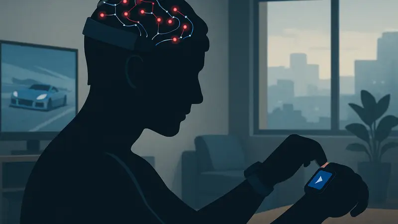 Иллюстрация нейроинтерфейса Neurable, интегрированного в носимое устройство, символизирующая "чтение мыслей".