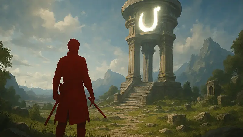 Игрок в Crimson Desert на фоне величественного «Святилища» в фэнтезийном мире.