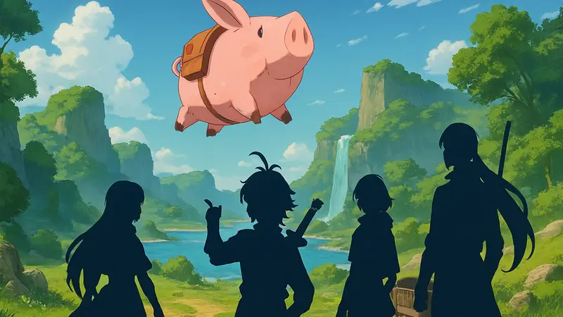 Скриншот из The Seven Deadly Sins: Origin с летающей свиньей и героями в аниме-стилистике