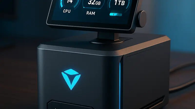 Миниатюрный компьютер Machenike Mini GTS с поворотным экраном, демонстрирующим системные параметры в реальном времени