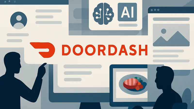 Логотип DoorDash на фоне элементов интерфейса, иллюстрирующих применение ИИ для бизнеса