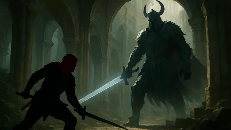 Игровой персонаж сражается с боссом Меч Антрумбры в фэнтези мире Crimson Desert