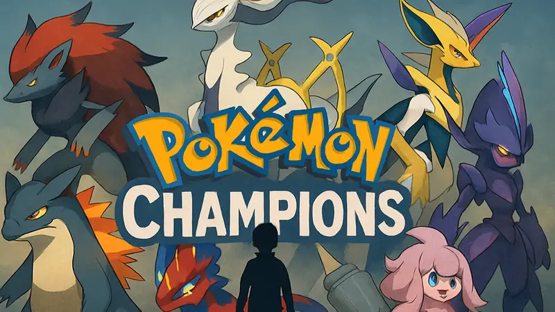 Покемоны из разных игр серии, включая Legends Arceus, Z-A, Scarlet и Violet, на фоне логотипа Pokemon Champions.
