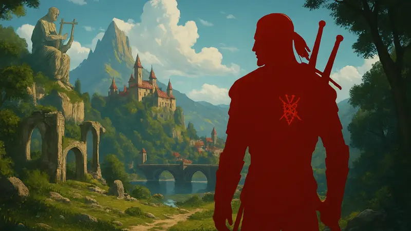 Геральт из Ривии, главный герой игры Ведьмак 3, на фоне новых локаций из DLC «Баллады прошлого».