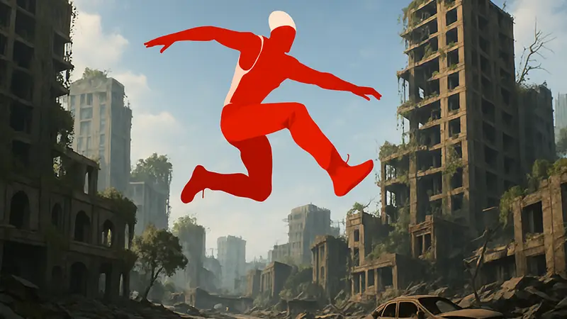 Кадр из игры Motorslice, демонстрирующий главного героя, выполняющего эффектный паркур-прыжок в разрушенном постапокалиптическом городе.