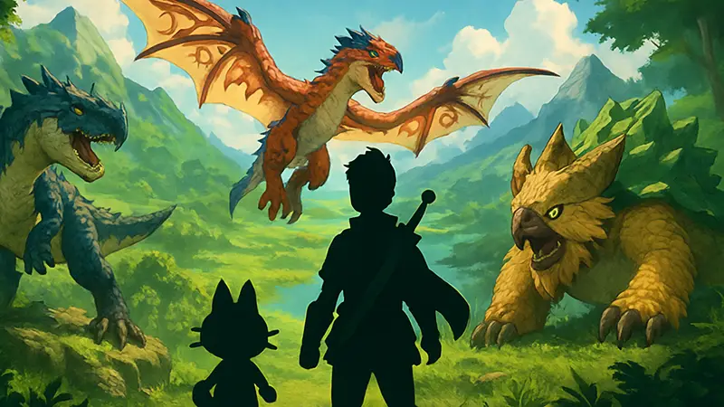 Изображение Monster Hunter Stories 3 с узнаваемыми монстрами и персонажами