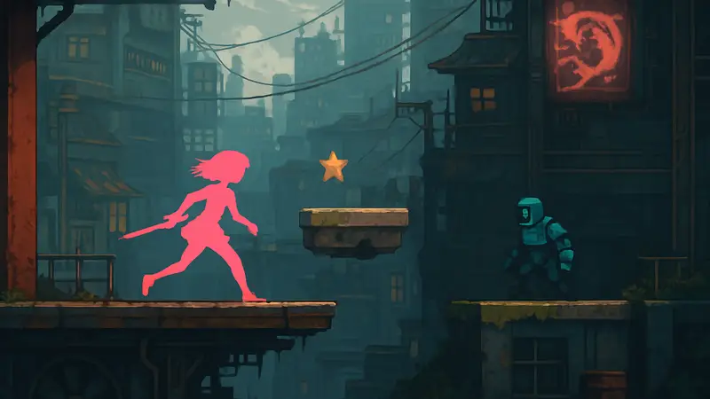 Скриншот из игры Haneda Girl, демонстрирующий 2D экшен-платформерную механику и арт-стиль.