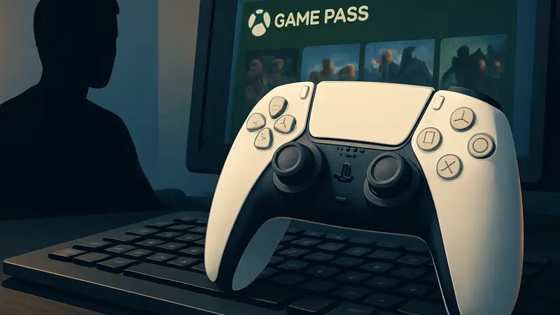 Контроллер Sony DualSense от PS5 лежит на клавиатуре ПК рядом с запущенным приложением Xbox Game Pass.