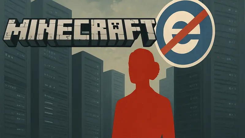 Логотип Minecraft и значок ESA, на фоне схематичное изображение игровых серверов. Незаконность серверов Minecraft.