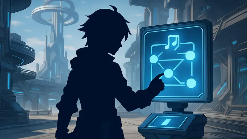 Игровой персонаж Honkai: Star Rail решает головоломку Странной Мелодии на фоне футуристического города