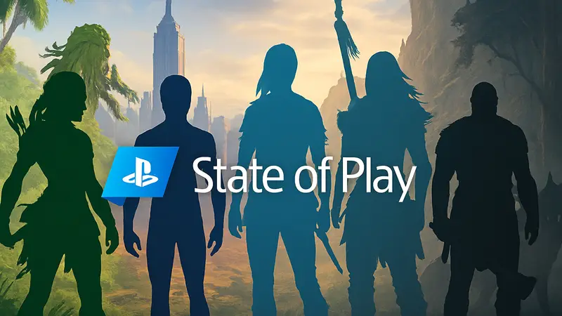 Логотип State of Play на фоне ожидаемых игр для PlayStation 5.