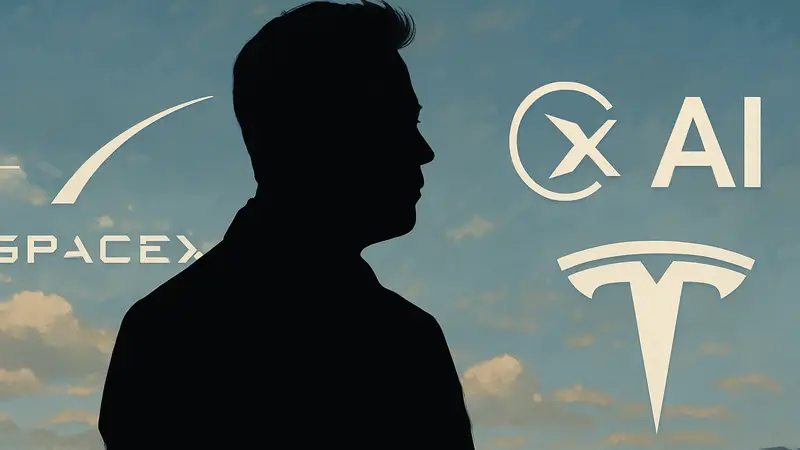 Илон Маск на фоне логотипов SpaceX, xAI и Tesla, символизирующих личный конгломерат