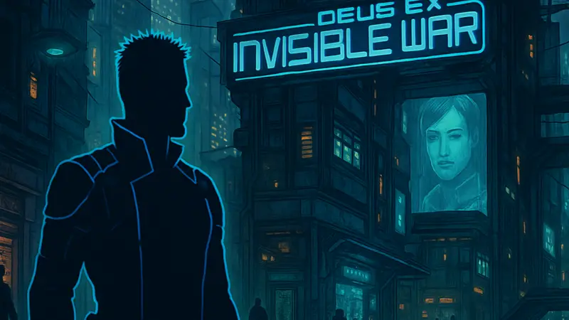 Обложка игры Deus Ex: Invisible War, иллюстрация киберпанкового будущего