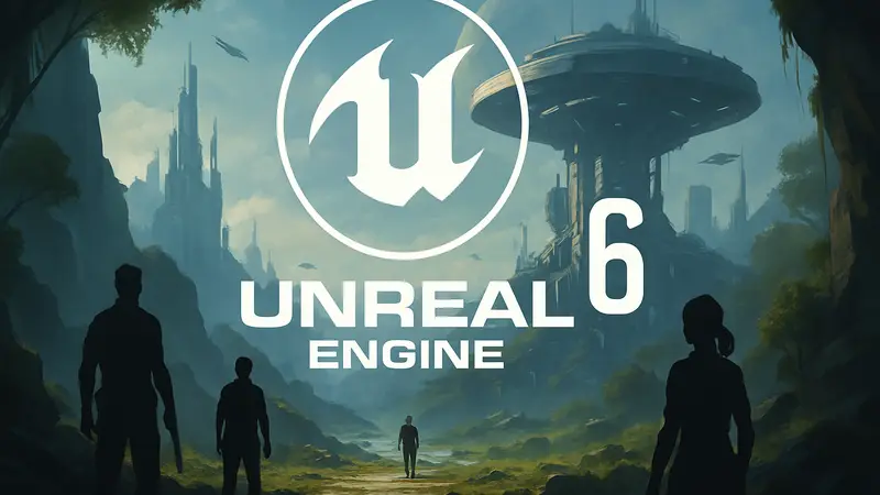 Логотип Unreal Engine 6 с футуристичным дизайном, на фоне концепт-арта игры нового поколения