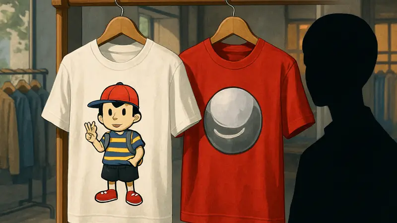 Футболки с символикой Earthbound и Mother 3 на вешалке