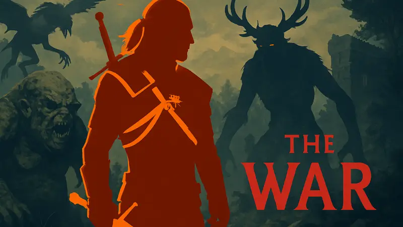 Геральт из Ривии на фоне монстров в игре The Witcher 3: Wild Hunt с логотипом мода The War Project.