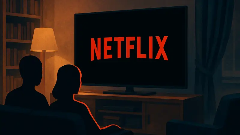 Логотип Netflix на экране телевизора, отражающий концепцию просмотра сериалов запоем и стриминга.