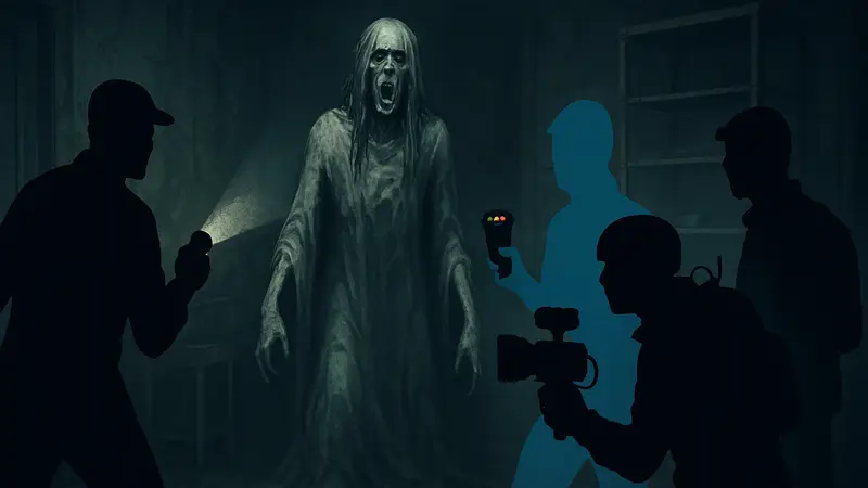 Изображение призрака из Phasmophobia в темной комнате, окруженного охотниками со снаряжением.