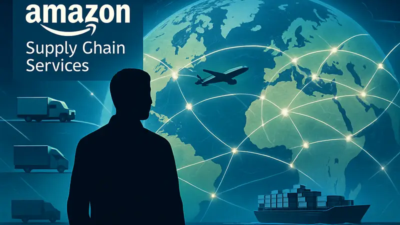Логотип Amazon Supply Chain Services на фоне глобальной логистической сети, символизирующей доставку товаров.