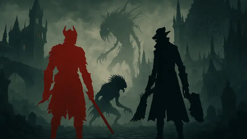 Иллюстрация мира темного фэнтези с элементами готики и чудовищ, обложки игр Dark Souls, Bloodborne