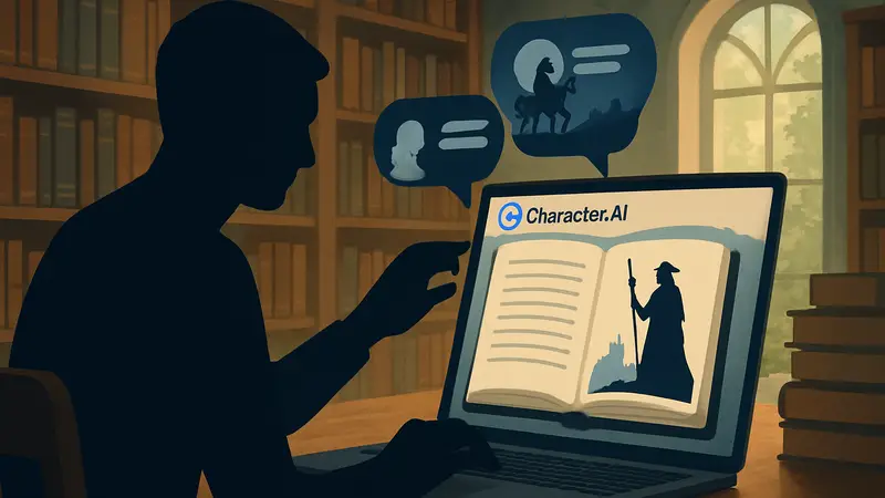 Иллюстрация, показывающая пользователя, взаимодействующего с книгой через интерфейс Character.AI в ролевом режиме чтения.