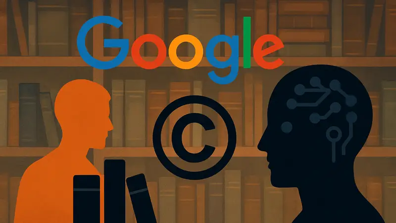Логотип Google и силуэты книг, символ спора об авторских правах и ИИ